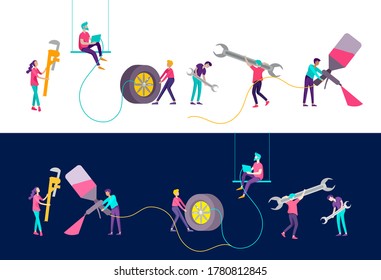 Car service having their repaired, cartoon people characters paint car, change wheels, automobile repair shop, vehicle service concept. Vector flat style illustration