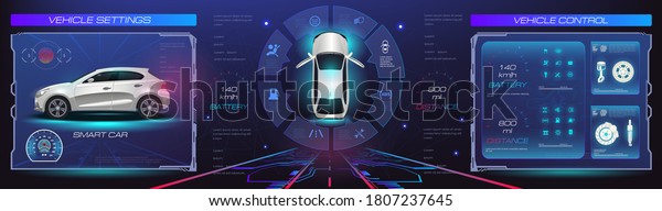 Car\
service. Holographic digital interface. Dashboard, characteristics,\
description of the car. Futuristic car interface for website or\
video games. Realistic car in 3D space holographic\
in