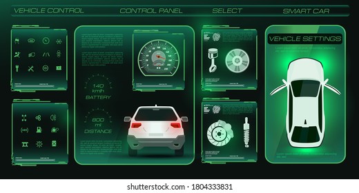 Car service. Holographic user panel with vehicle display. Electric vehicle control and diagnostics with HUD, GUI, UI user interface. Whole car electronics