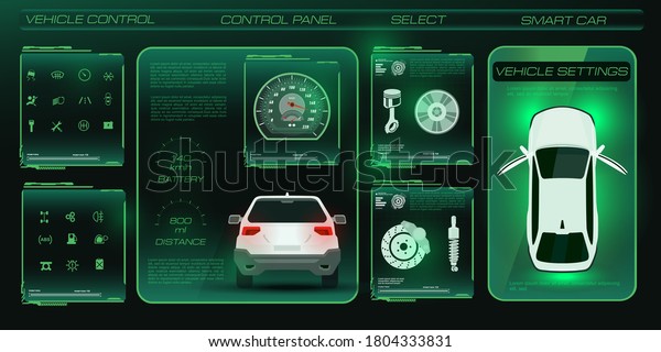 Car service. Holographic user panel\
with vehicle display. Electric vehicle control and diagnostics with\
HUD, GUI, UI user interface. Whole car\
electronics