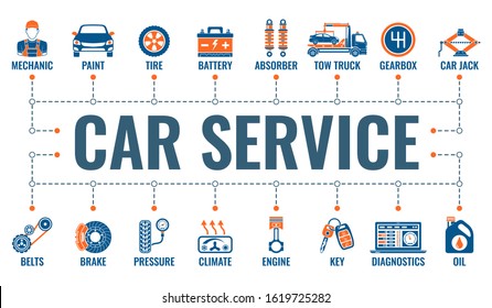 Car service horizontal banner with two color flat icons for advertising and service station like mechanic, tow truck, oil, diagnostics. typography concept. isolated vector illustration