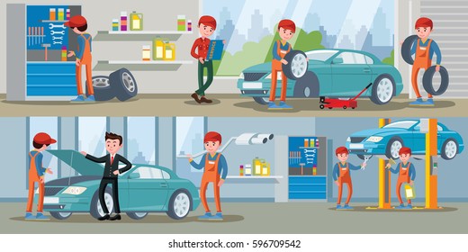 Car service horizontal banners with auto mechanics wheels replacement automobile repair process diagnostic and maintenance vector illustration