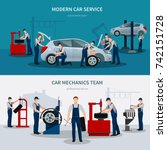 Car service horizontal banners with mechanics symbols flat isolated vector illustration 