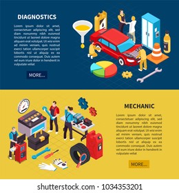 Car service horizontal banners set with diagnostics symbols isometric isolated vector illustration