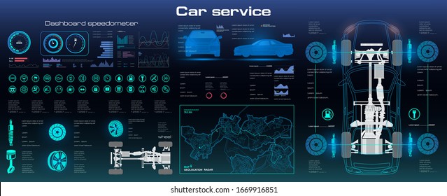 Car service with HUD elements. Complete vehicle chassis diagnostics. Futuristic car user interface. Car, scanning. Car service in the style of HUD