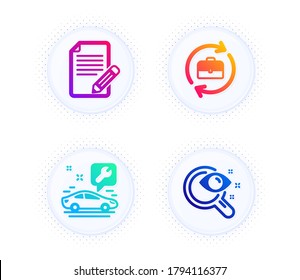 Autoservice, Personal und Artikel Symbole einfache Satz. Taste mit halftonischen Punkten. Sichtprüfzeichen. Reparaturservice, Stellenbeschaffung, Feedback. Augenkontrolle. Business Set. Vektorgrafik