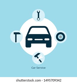 Car Service icon with blue background and flat design vector