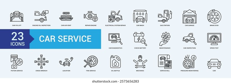 Car service icon collection set with fix lift, engine oil inspection, car air vent, repair engine, check battery, electrical system repair, wash, gas station, car garage, brake disk