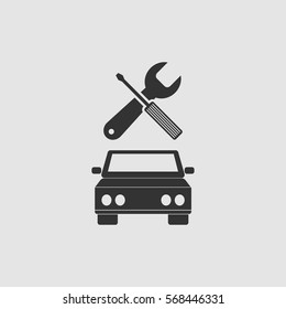Car service icon flat. Black pictogram on grey background. Vector illustration symbol