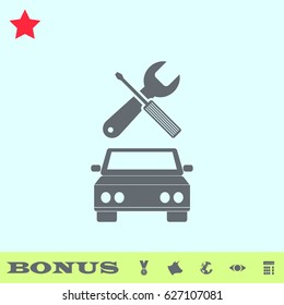 Car service icon flat. Grey pictogram on blue background. Vector illustration symbol and bonus buttons medal, cow, earth, eye, calculator