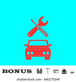Car service icon flat. Red pictogram on blue background. Vector illustration symbol and bonus buttons Music center, corkscrew, credit card, house, drum