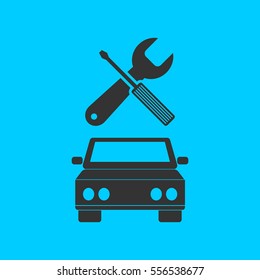 Car service icon flat. Simple vector black pictogram on blue background