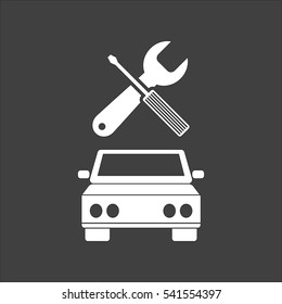 Car service icon flat. Vector white illustration isolated on black background. Flat symbol