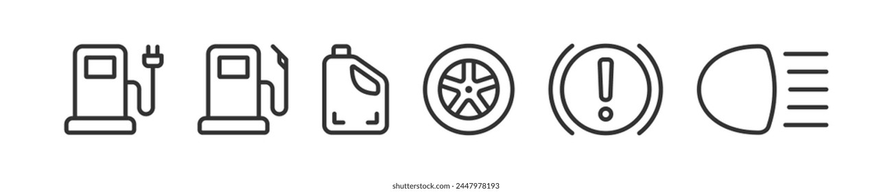 Car service icon. Gas station, fuel canister, engine oil, wheel, information panel, light, handbrake vector. Automobile repair.