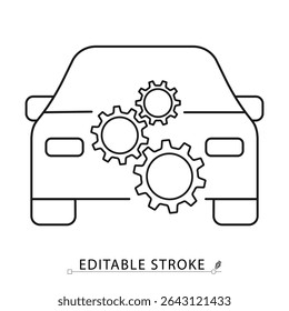 Car service icon in minimal line style with editable stroke. Vehicle with gears, symbol of auto maintenance, technical repair, mechanical diagnostics, car tuning and automotive engineering concept.