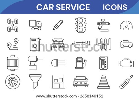  Car service icon set .Auto service and repair icon collection. Vehicle repair, wheel, engine, battery, fuel, traffic, brake, automobile, auto service. Car service and garage.
