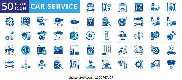 Auto-Service-Symbol-Set mit Automobil, Werkstatt, Auto, Buch, Herstellung, Service, Wartung, Klimaanlage, Inspektion, Garage, Automechaniker, Geschichte, Schmierung, Kabine, Station, und Panne