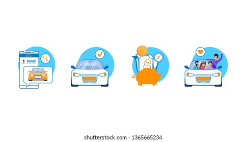 Car Service Icon Set. Carshare, Carpool, Taxi Mobile App, Economy Ride Modern Flat Concept. Simple Symbol of Piggy Bank, Cash, Phone Application, People Character. Beneficial Ride.