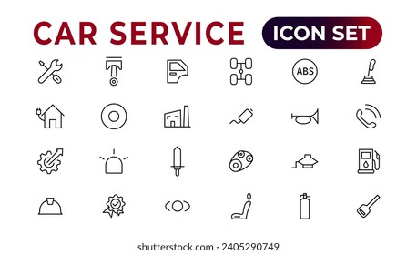 Juego de iconos de servicio de automóvil con trazo editable y fondo blanco. Servicio automático, conjunto de iconos de reparación de coches. Servicio de coches y garaje.
