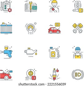 Car service icon set flat design illustration, various icon for car maintnance, plug, oil, stering wheel air, wheel alignment
