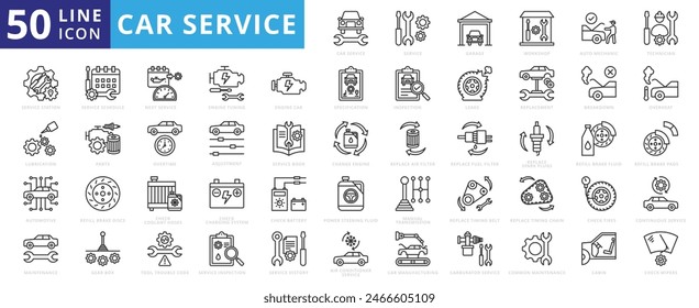 Car service icon set with garage, workshop, auto mechanic, technician, station, lubrication, maintenance and automotive.