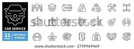 Car service icon set in outline style with editable stroke for auto maintenance symbols