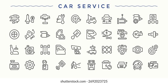 Car Service icon set. Thin outline icons pack. Includes symbols for car parts, repair, vehicle, gear, automatic. Editable stroke. Vector collection. Vehicle icon pack.