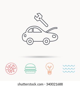 Car service icon. Transport repair with wrench key sign. Global connect network, ocean wave and burger icons. Lightbulb lamp symbol.
