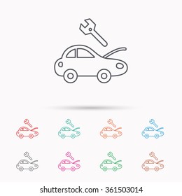 Car service icon. Transport repair with wrench key sign. Linear icons on white background.