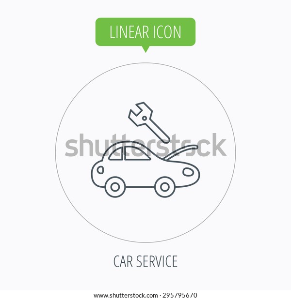 Car service icon. Transport repair\
with wrench key sign. Linear outline circle button.\
Vector