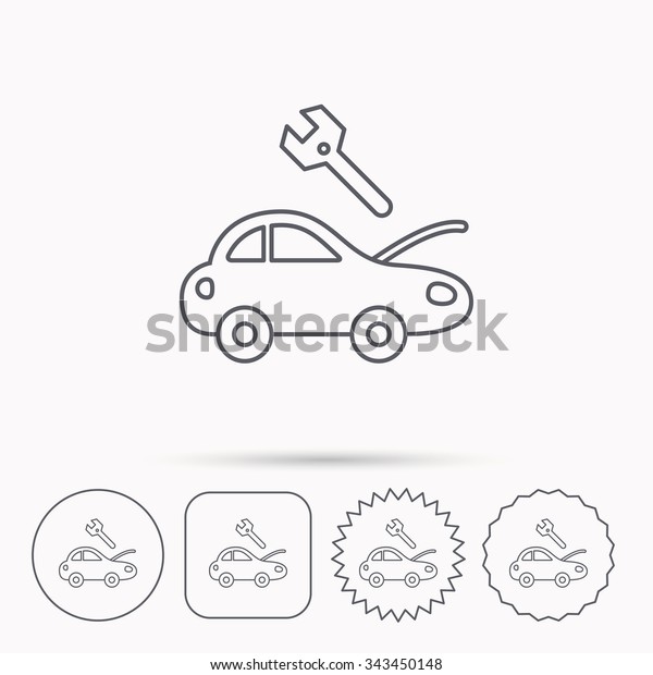 Car service icon.\
Transport repair with wrench key sign. Linear circle, square and\
star buttons with icons.