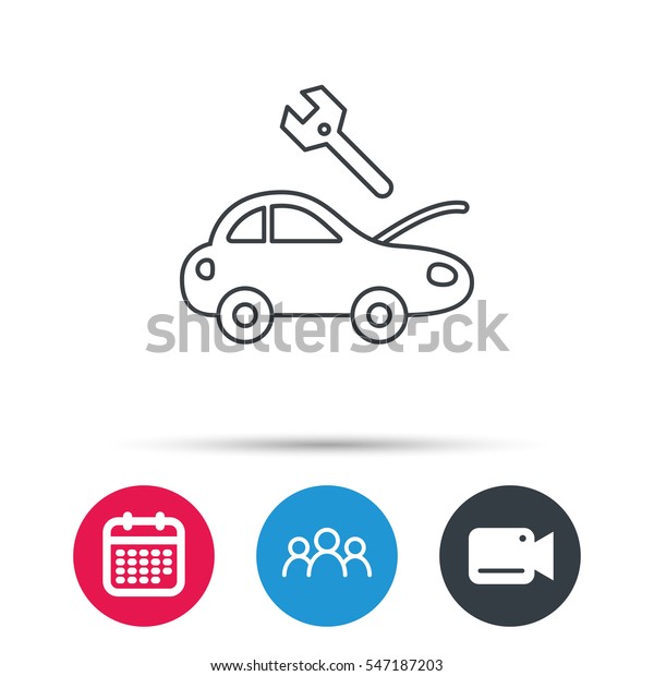 Car service\
icon. Transport repair with wrench key sign. Group of people, video\
cam and calendar icons.\
Vector