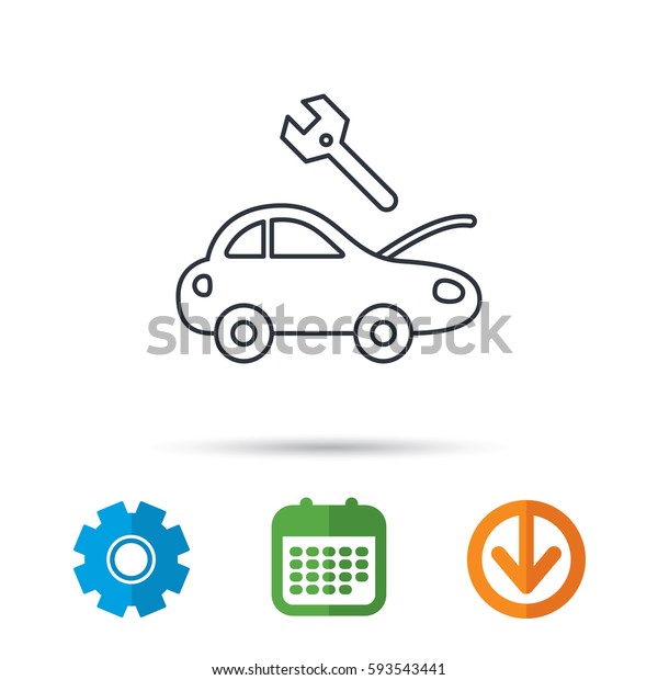 Car service icon. Transport repair with wrench key\
sign. Calendar, cogwheel and download arrow signs. Colored flat web\
icons. Vector