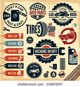 Car Service Icons. Auto Parts. Rent A Car. Car Wash. Retro Vintage Car Labels Set.