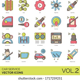 Car service icons including alternator, chain, cog, engine fan, spark plug, door, keyhole, ignition, push start, seat, speedometer, gear, air conditioner, radio, usb charger, safety belt, auto mirror.