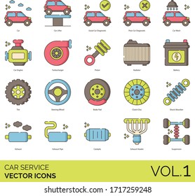 Car service icons including lifter, good, poor diagnostic, wash, engine, turbocharger, piston, radiator, battery, tire, steering wheel, brake pad, clutch disc, shock absorber, exhaust pipe, catalytic.