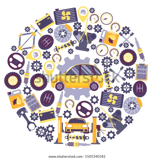 Car service icons in round frame composition,\
vector illustration. Vehicle maintenance center, auto repair\
service. Professional automobile accessories supply store. Garage\
car icons in flat style