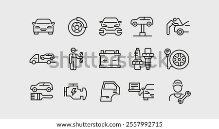 Car service icons. Set of 15 car service trendy minimal icons. Brake disk, Spark plug, Piston, Wrench icon. Design signs for web, mobile app, social media and packaging design. Vector illustration