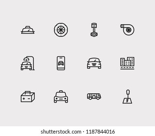 Car service icons set. Bus and car service icons with app taxi, auto gear and car wash. Set of model for web app logo UI design.