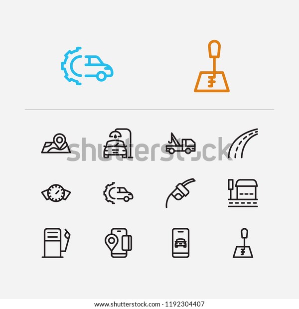 Car service icons set. Bus stop and car service\
icons with gas station, car wash and app taxi. Set of position for\
web app logo UI design.