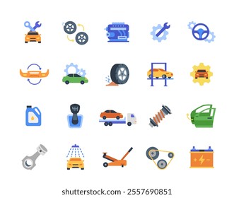 Car service icons set. Colorful signs with Automotive Spare Part, vehicle Component, Engine, Tires, Battery. Design elements for app. Flat vector illustration collection isolated on background