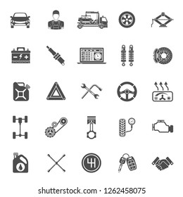 Car service icons set. diagnostics, car repair, tire service for poster, web site, advertising like laptop, battery, jack, mechanic. isolated vector illustration