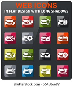 car service icons set in flat design with long shadow