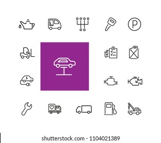 Car service icons. Set of line icons. Parking, gas station, engine. Auto repair concept. Vector illustration can be used for topics like service, transportation