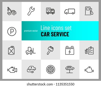 Car service icons. Set of line icons. Parking, gas station, engine. Auto repair concept. Vector illustration can be used for topics like service, transportation