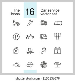 Car service icons. Set of line icons. Parking, gas station, engine. Auto repair concept. Vector illustration can be used for topics like service, transportation