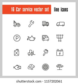 Car service icons. Set of line icons. Parking, gas station, engine. Auto repair concept. Vector illustration can be used for topics like service, transportation