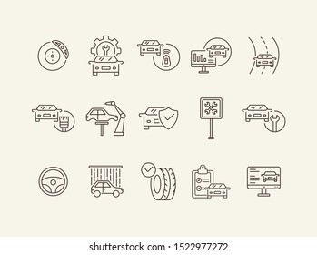 Car service icons. Set of line icons. Car on road, wheel, tyre. Car repair concept. Vector illustration can be used for topics like car service, business, advertising