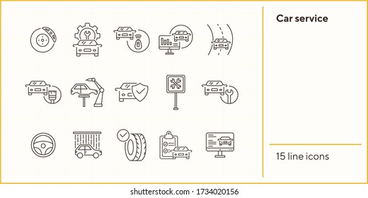 Car service icons. Set of line icons. Car on road, wheel, tyre. Car repair concept. Vector illustration can be used for topics like car service, business, advertising