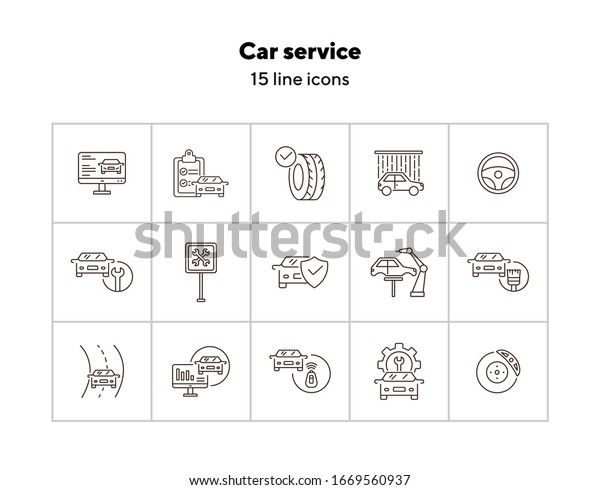 Car service icons. Set of\
line icons. Car on road, wheel, tyre. Car repair concept. Vector\
illustration can be used for topics like car service, business,\
advertising